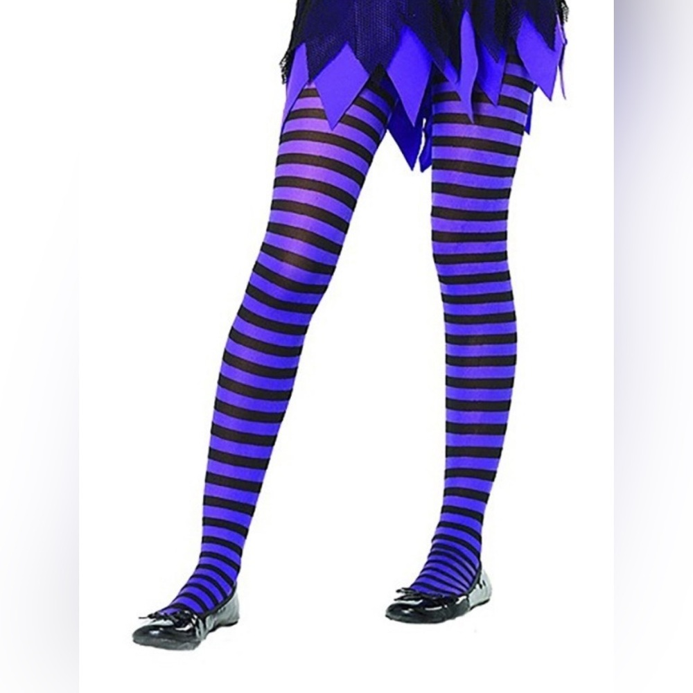 NWT [Enchanted Costumes] Black/Purple Striped Tights Kids/Girls Medium Ages 4-6